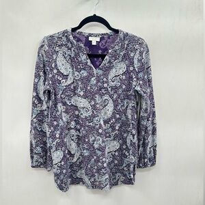 PureJill purple long sleeve cotton woman paisley coastal grandma casual tee S